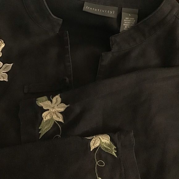 RELATIVITY Jacket Black Asian Inspired Embroidery Toggle Closure Linen Size L - Picture 7 of 9